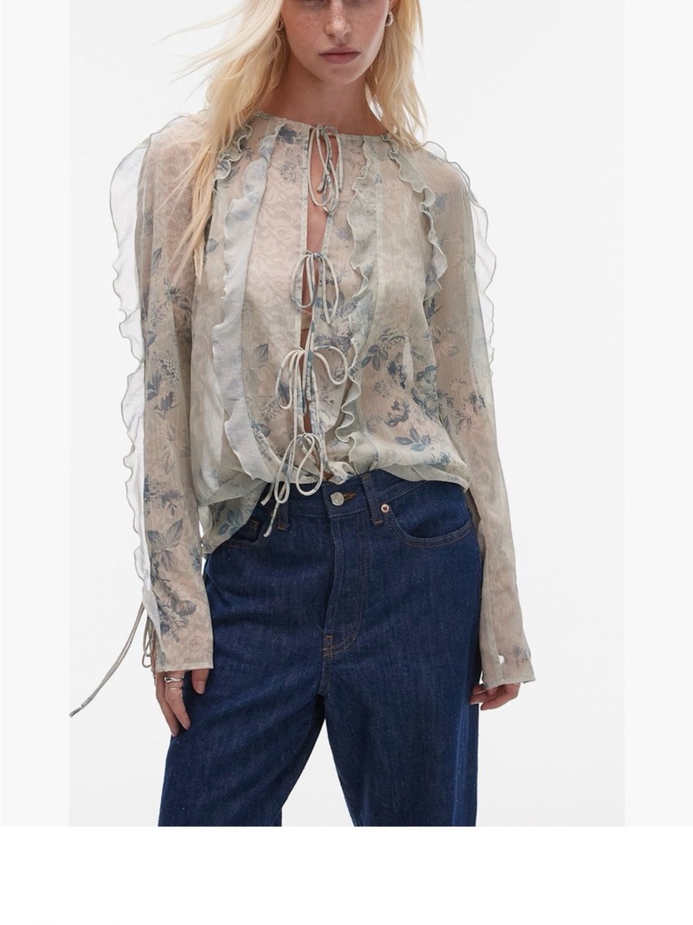 Topshop Pale Blue Floral Ruffle Tie-Front Blouse